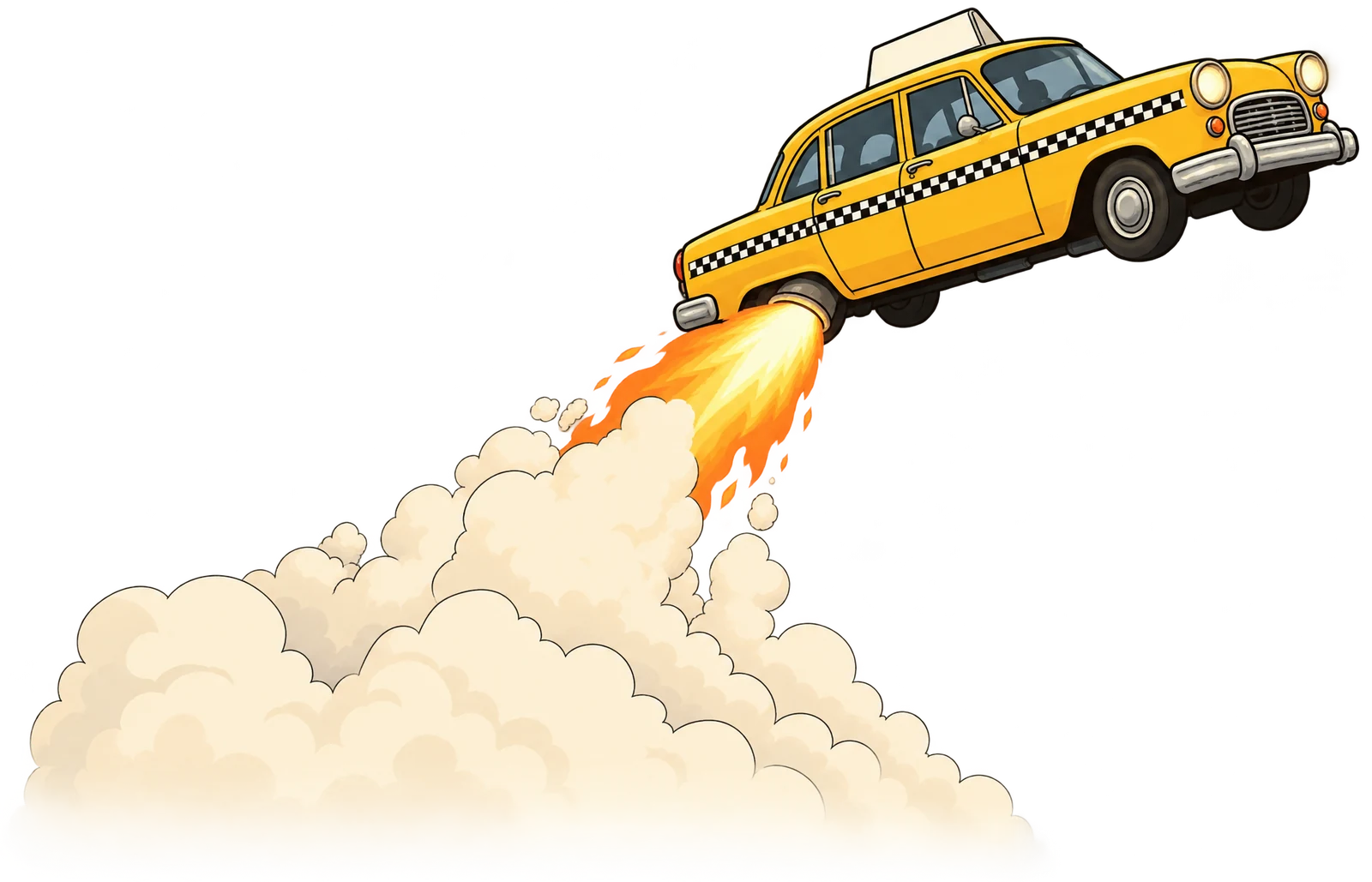 A yellow taxi blasting off like a rocket.
